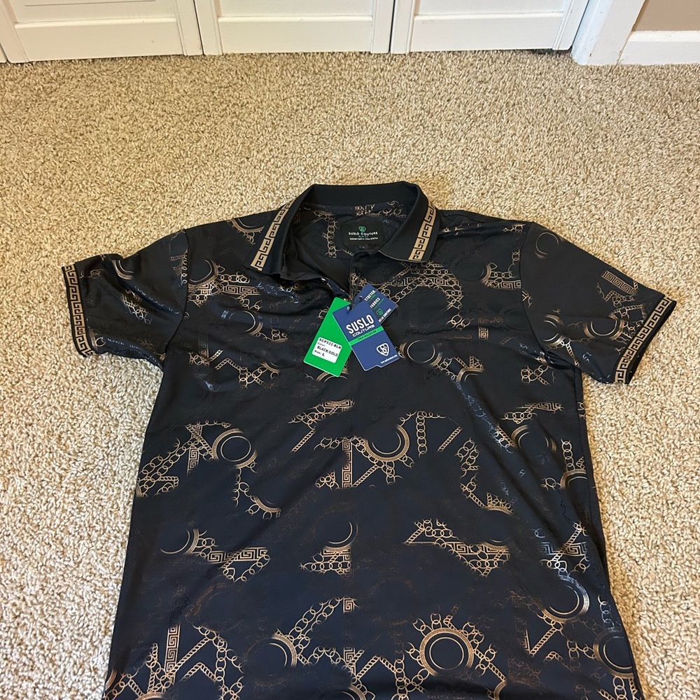 Black and Gold Polo Shirt with Abstract Pattern